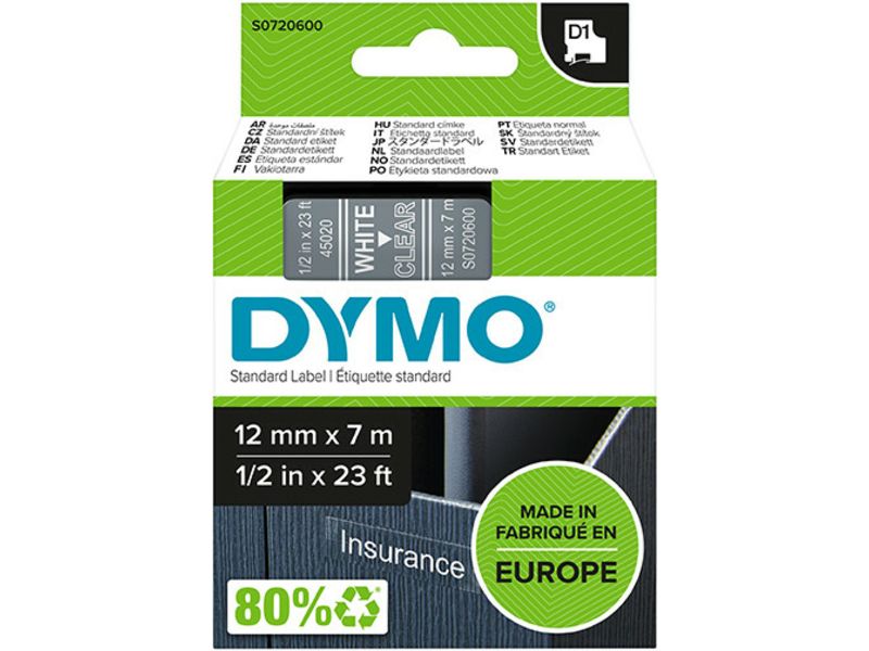 Dymo 45020 (S0720600) - (12 mm) - Weiß auf transparent - Tape
