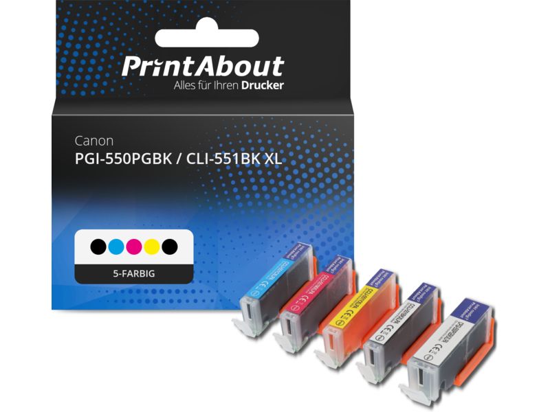 PrintAbout Druckerpatrone PGI-550PGBK / CLI-551BK XL 5-farbig Multipack Hohe Kapazität für Canon
