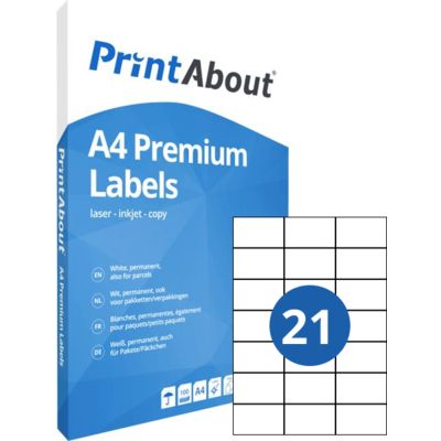 PrintAbout Premium A4-Stickerbogen 21 pro Bogen (70 mm x 42,3 mm)