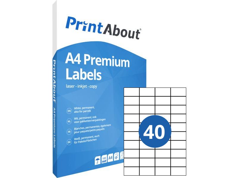 PrintAbout Premium A4-Stickerbogen 40 pro Bogen (52,5 mm x 29,7 mm)