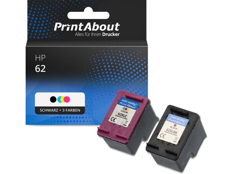 PrintAbout Druckerpatrone 62 (N9J71AE) Schwarz + 3 Farben Multipack für HP