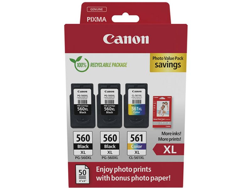 Canon PG-560 + PG-560 + PG-561 photo value pack (PG-560XL) - Schwarz + 3 Farben - Druckerpatrone - Multipack Image