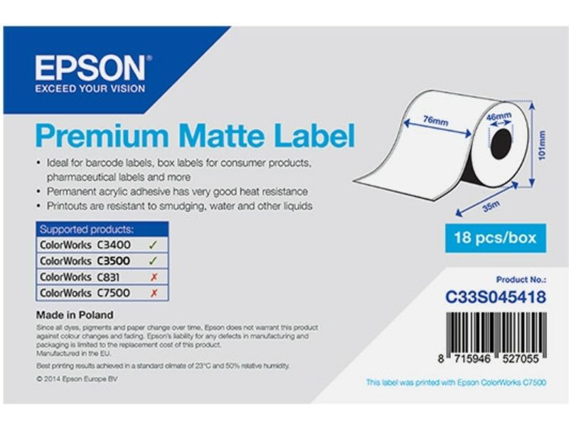 Epson C33S045418 Premium Matte (76mm x 35m) - (Kontinuierliche Rolle) - Weiß - Etikett