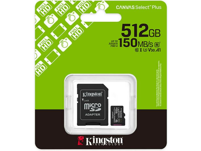 Kingston 512GB microSDXC Canvas Select Plus Gen3 150MB/s A1 Card + Adapter - SD-Karte